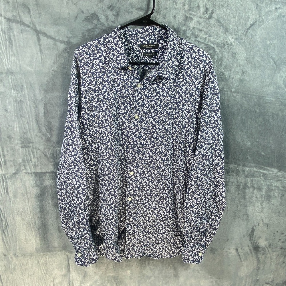 Banana Republic Shirt Mens XL Blue 100% Linen Floral Collar Long Sleeve Slim Fit